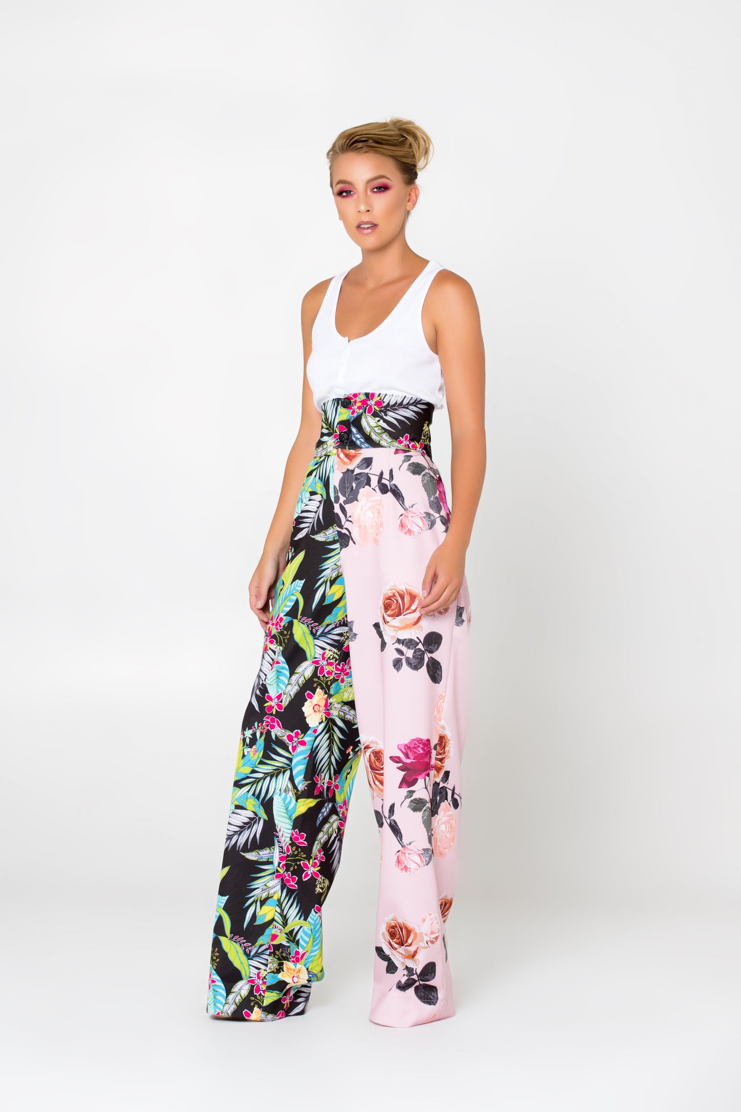 Tone Dark Leafy Floral and Pink Palazzo Pants